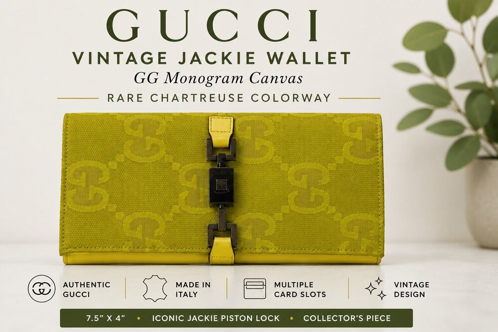 Vintage Gucci Jackie GG Canvas Long Wallet Rare Chartreuse Yellow Monogram Italy